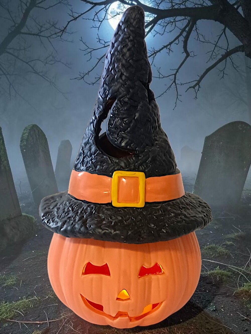 Vtg Jack O Lantern Witch Hat Candle Holder Ceramic Halloween Pumpkin Luminary